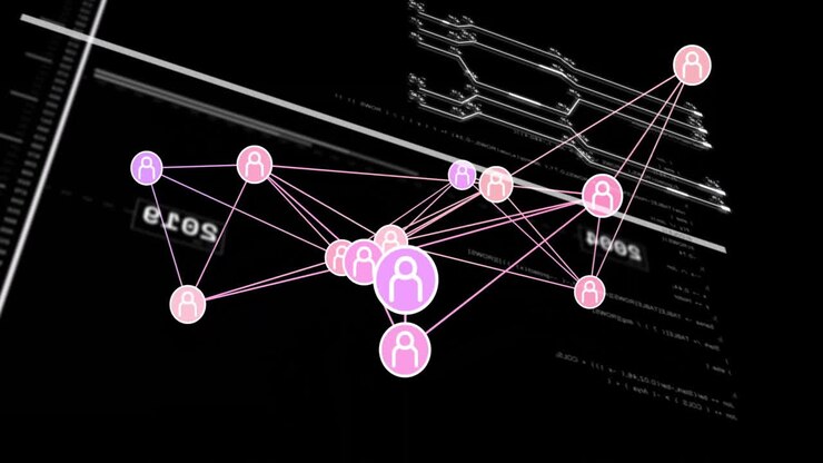Animation of network of connections with icons over data processing on black background