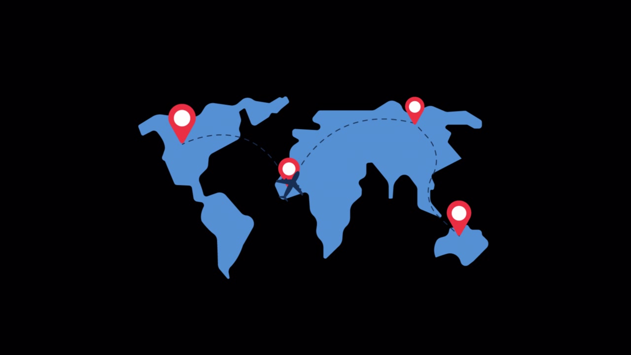 Animated World Map Showing Airplane Flight Path Between Locations