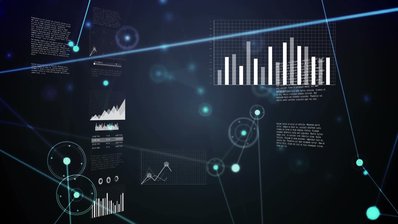 Opening nodes connecting, panels fading, bar chart growing, rings pulsing for network visualization