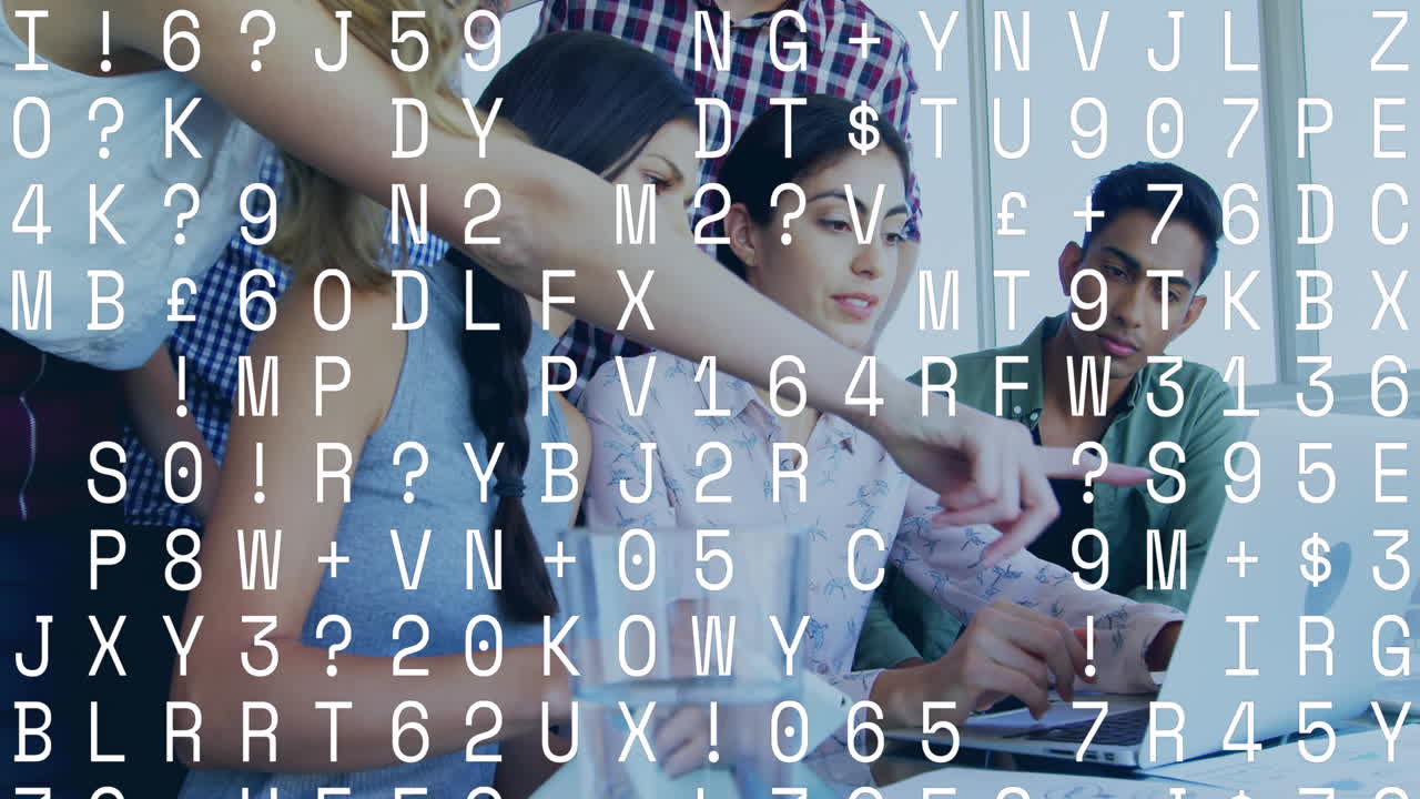 animación de números y letras de procesamiento sobre diversas personas de negocios en la oficina.