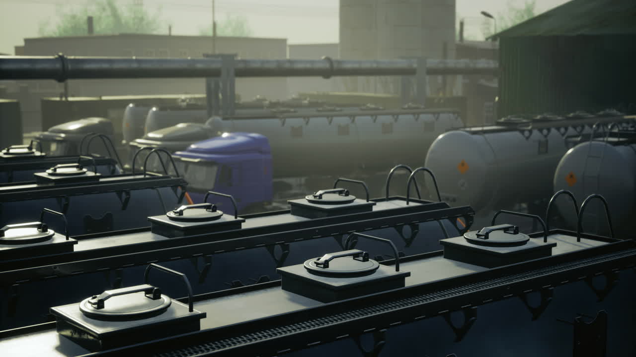 Industrial storage tanks in a foggy yard during early morning hours