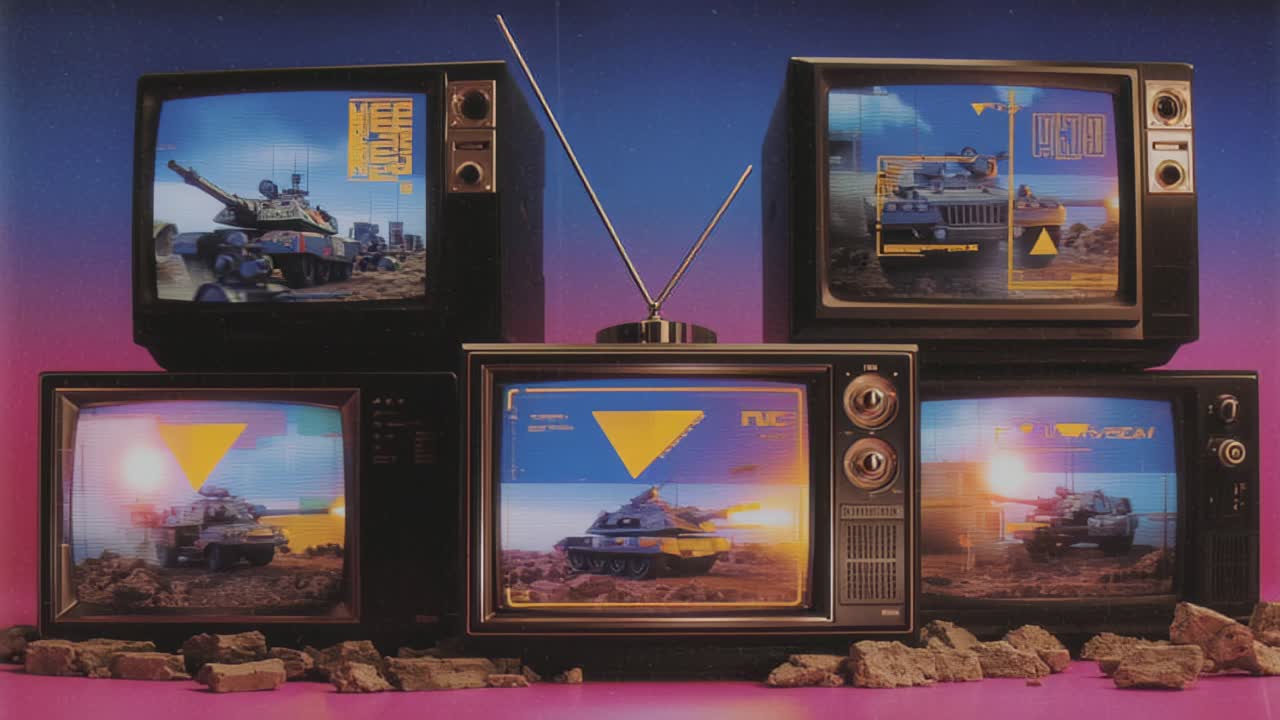 Filmato stilizzato di televisori CRT vintage impilati che mostrano scene di carri armati corazzati, con antenne e detriti come oggetti di scena su uno sfondo sfumato al neon, che evoca media e conflitto.