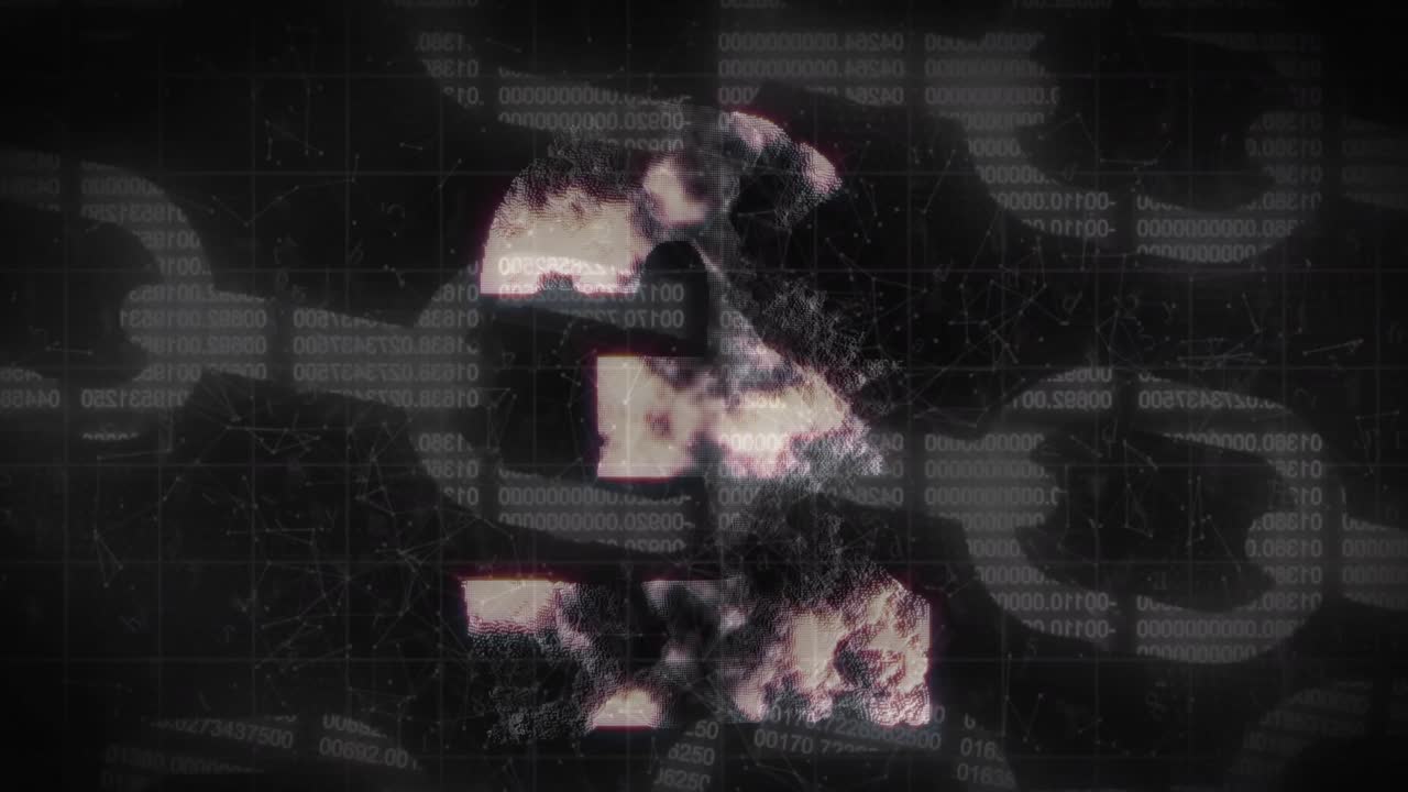 Animation of security chain icon and network of connections against spinning pound symbol