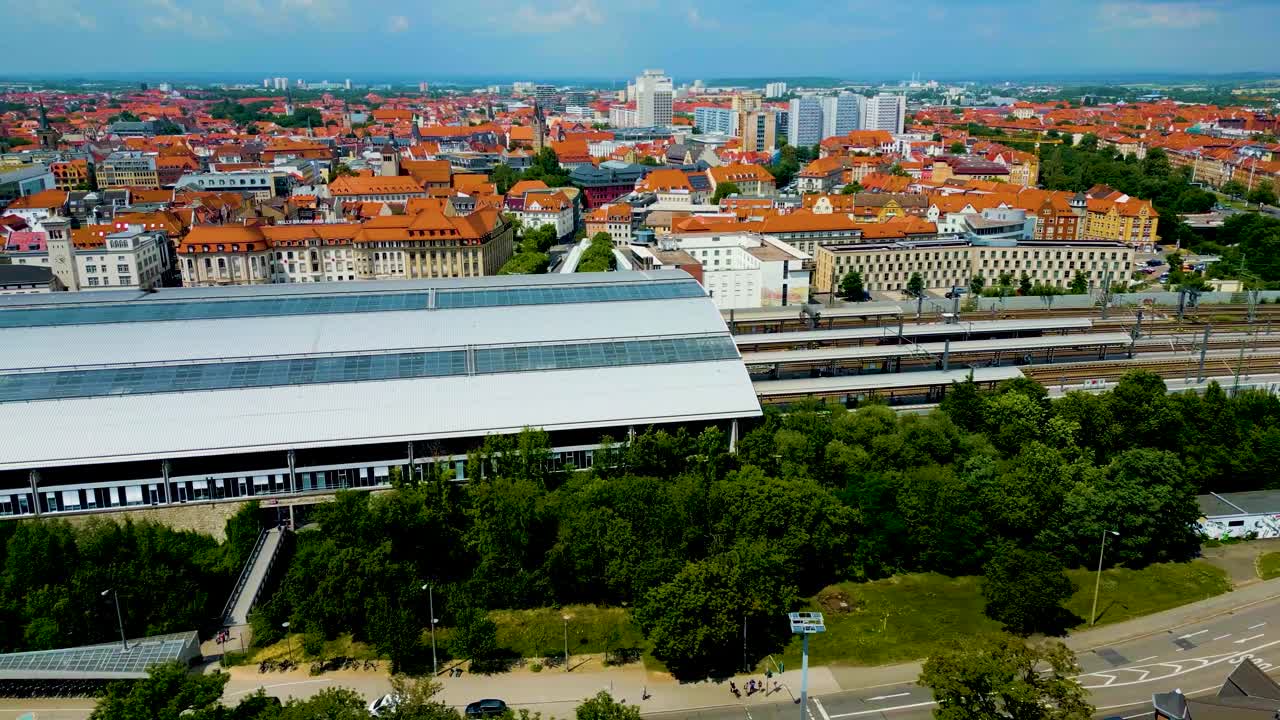 4K Aerial Drone Video of the Train Station in Downtown Erfurt, Germany