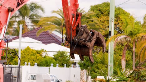 an orange excavator uses its hydraulic claw to remove a palm plant from the ground at a suburban construction site on a cloudy day