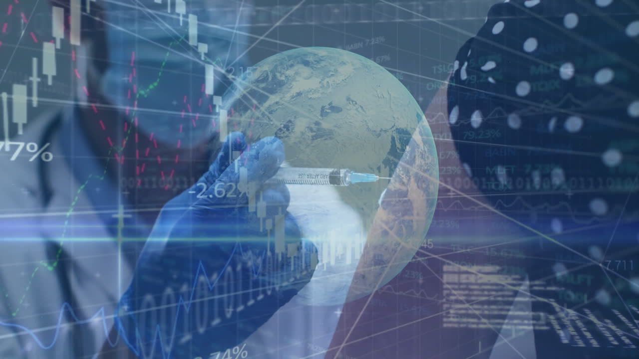 Holding syringe over globe with financial charts, gloved hands creating animation