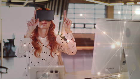 woman wearing a virtual reality headset typing in the air