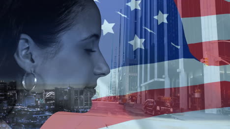 animation of biracial woman with cityscape over flag of usa