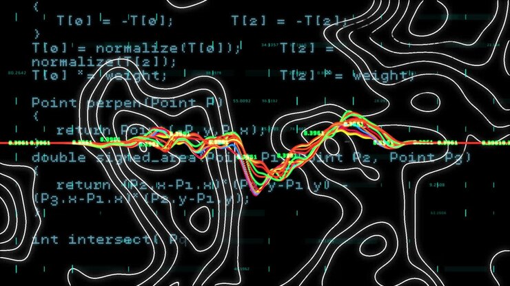 Animation of topographical map and colourful graph moving over data processing, on black