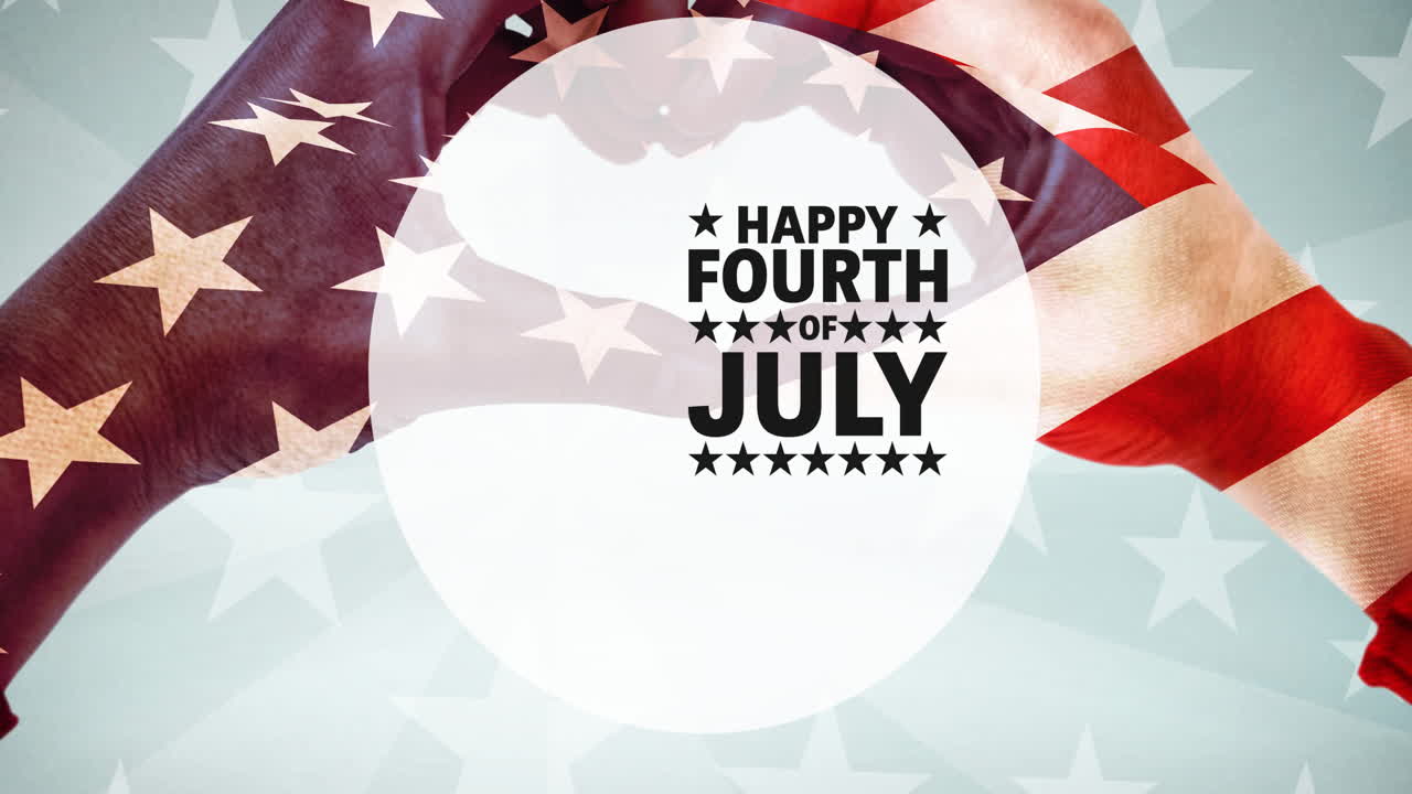 미국 국기 위에 손을  ⁇ 고 심장 모양을 만드는 사람과 함께 행복한 7월 4일 텍스트의 애니메이션