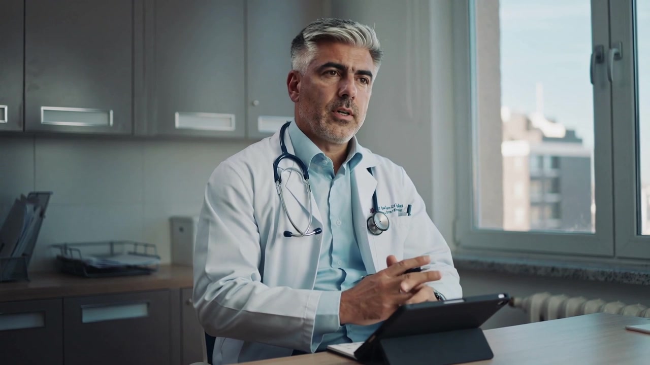 Sola bakarak, beyaz önlüklü doktor notları inceliyor, klinikte stetoskopuyla tabletine kalemle dokunuyor