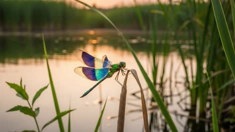 a vibrant dragonfly resting on a reed by the water, showcasing its iridescent wings as the sun sets over the tranquil landscape