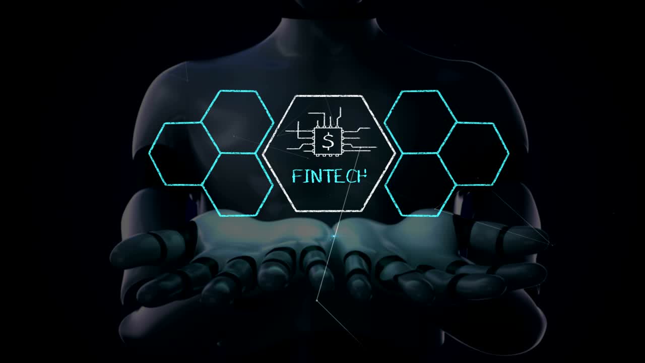 robot, cyborg abre dos palmas, icono de fin-tech y varios gráficos. tecnología financiera futurista. película en 4k. versión 1.