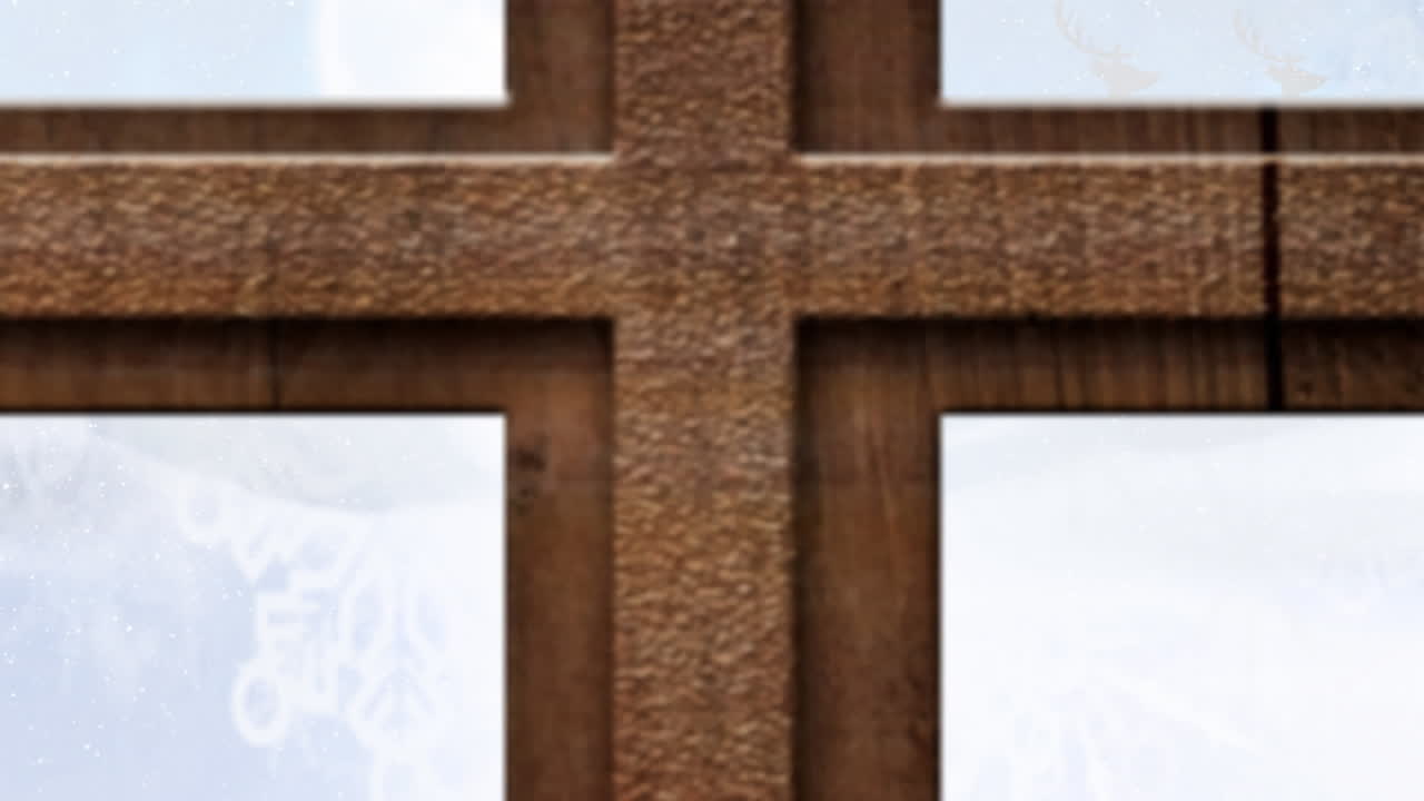 창문 을 통해 볼 수 있는 겨울 풍경 의 사 ⁇  과 함께  ⁇ 매 를 타고 있는 산타클로스 의 애니메이션