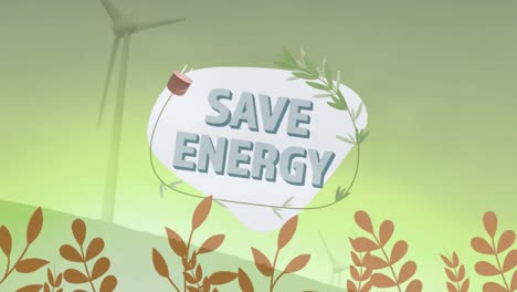 animation of save energy text with icons over wind turbine