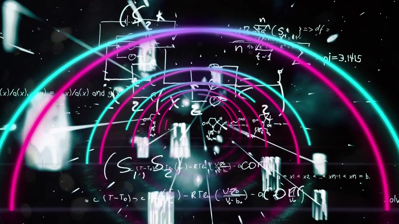 Abstract Tunnel of Neon Rings with Floating Mathematical Equations