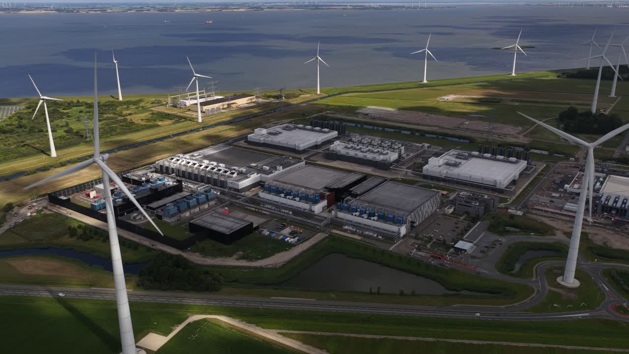 Data center, server hall, industrial hyperscale computing center. Eemshaven, The Netherlands. Aerial view