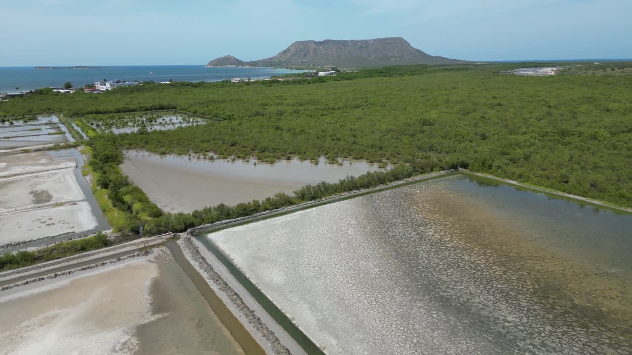 도미니카 공화국의 북쪽 해안에 있는 산 페르난도 데 몬테 크리스티 (san fernando de monte cristi) 의 소금과 맹그로브의 공중 사진, 배경에는 상징적인 석회암 산 엘 모로 (el morro) 가 있습니다.