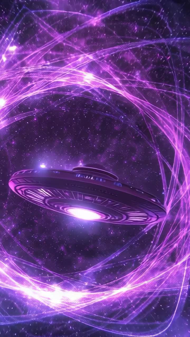 Vertical video: Generating energy arcs forming vortex and guiding craft into glowing space portal
