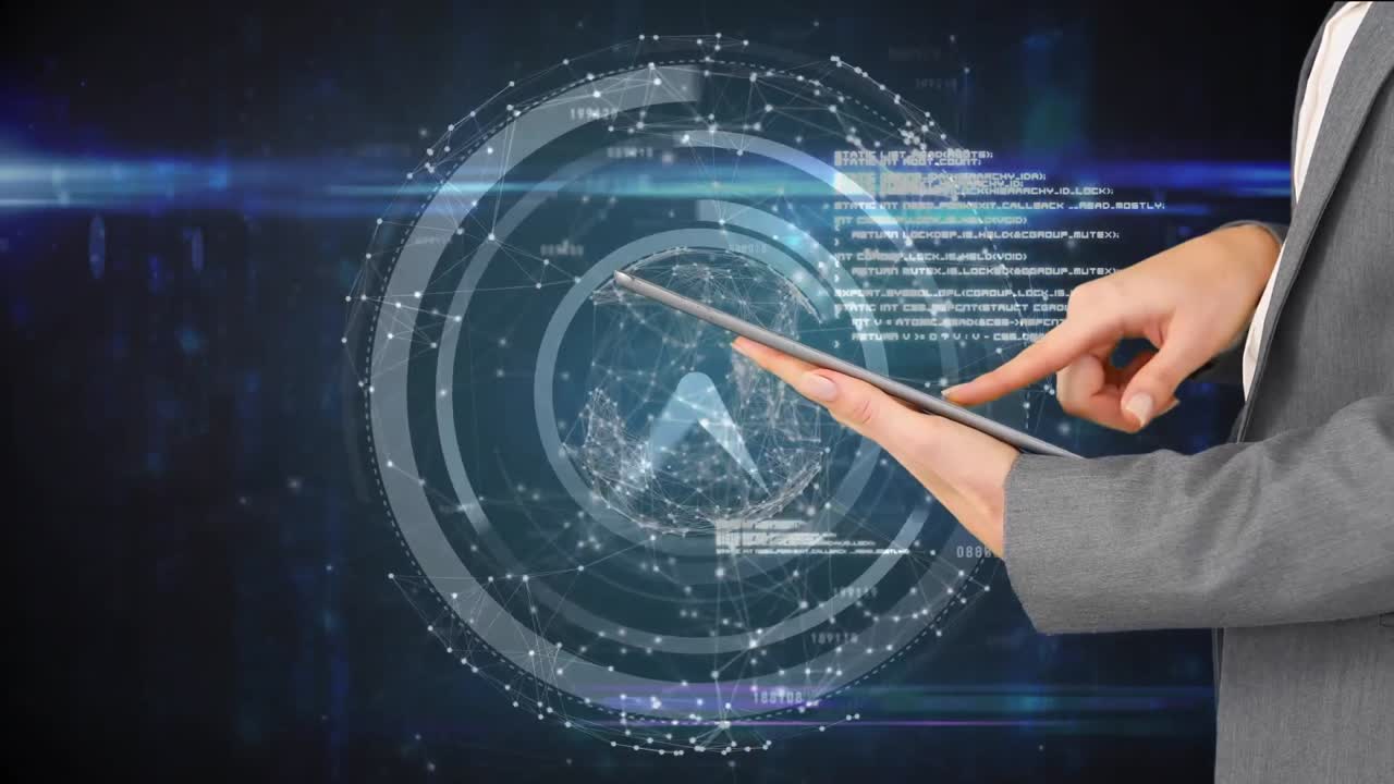 시계가 빠르게 움직이고 디지털 태블릿을 사용하는 사람과 연결 네트워크의 애니메이션