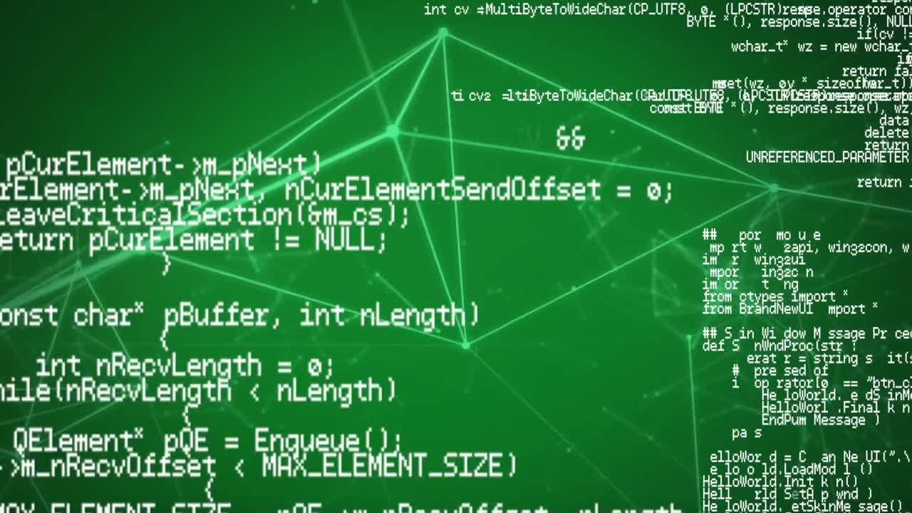 animación de la red de conexiones y procesamiento de datos sobre fondo verde