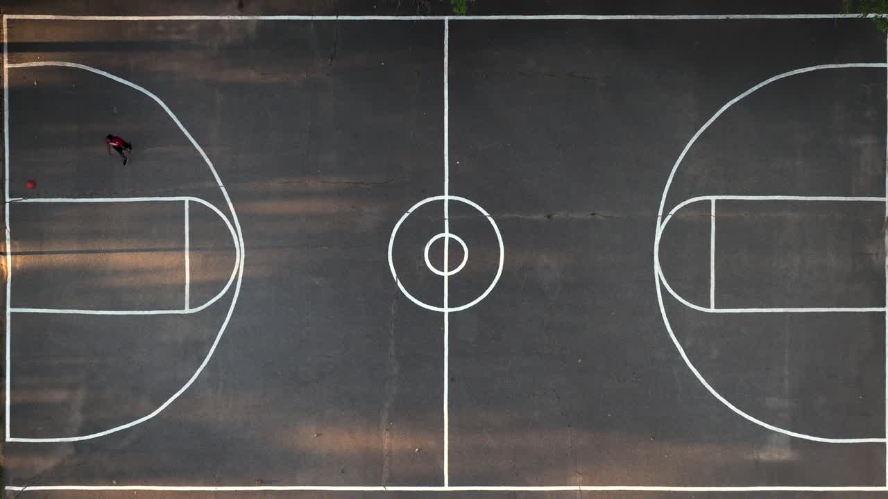 A top down view directly above a basketball court in a park on Long Island, NY
