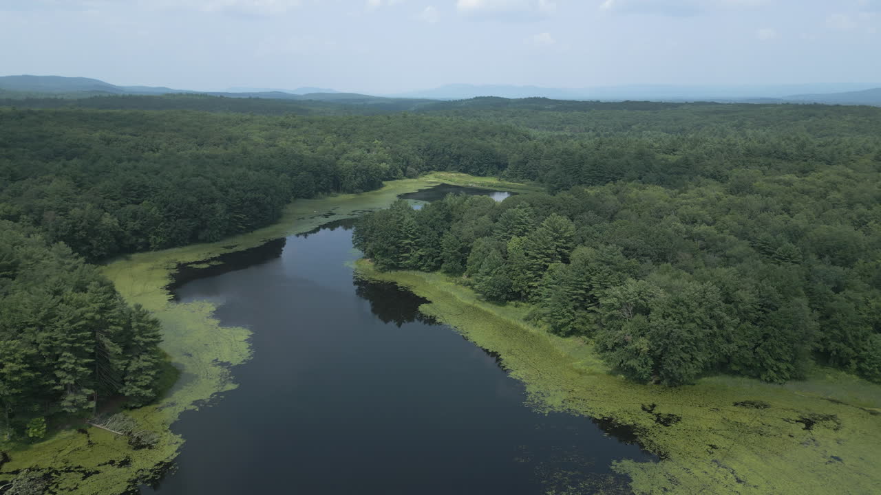 Drone rises and pulls back above Lake Fitzgerald Northampton Massachusetts
