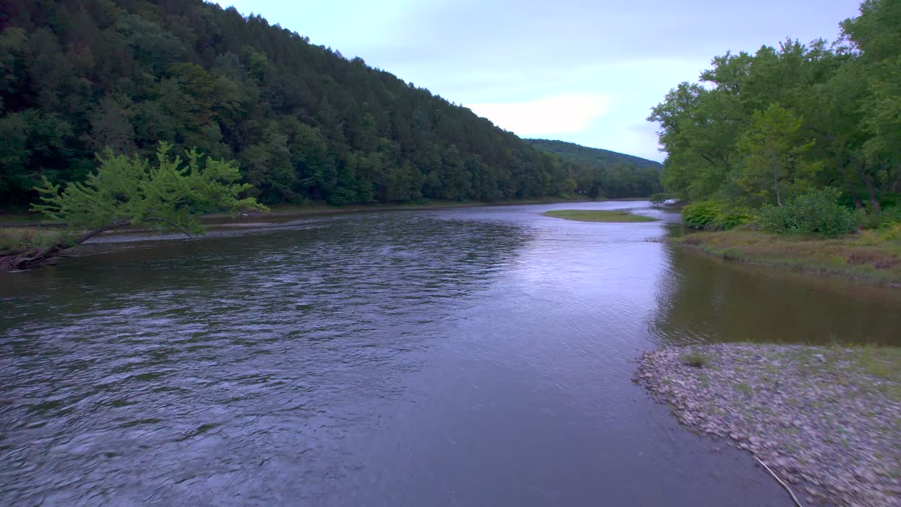 Drone aerial close to the water of the Susquehanna river in Pennsylvania