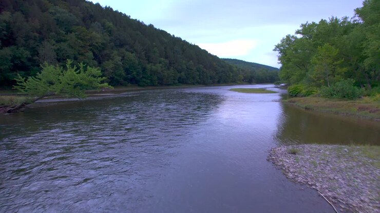 Drone aerial close to the water of the Susquehanna river in Pennsylvania