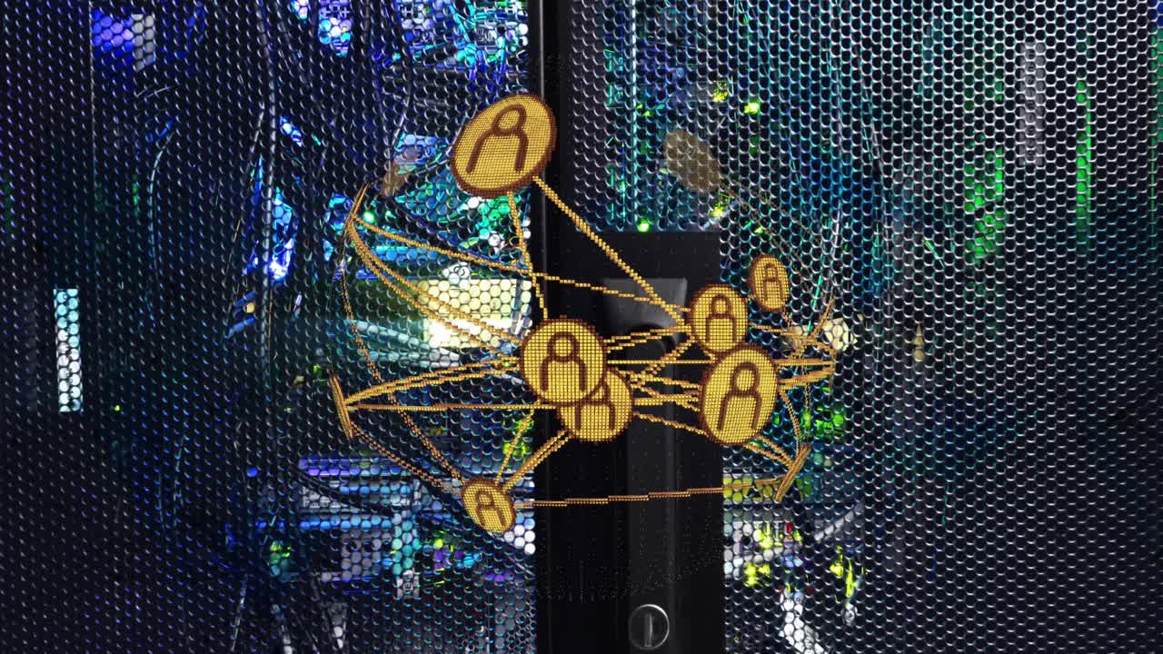 Digital network graphic being animated in 3D render over hex mesh rack door, showing glowing icons