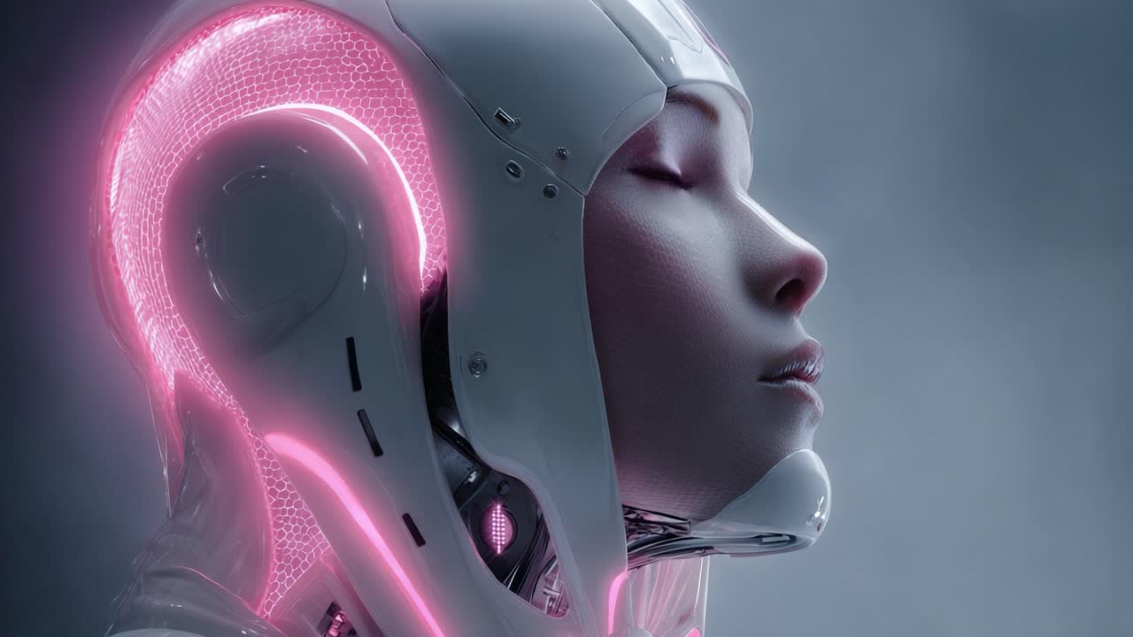 Profile view of a beautiful humanoid robot wearing a futuristic white helmet with pink neon lights, representing the concept of advanced artificial intelligence and future technological innovation