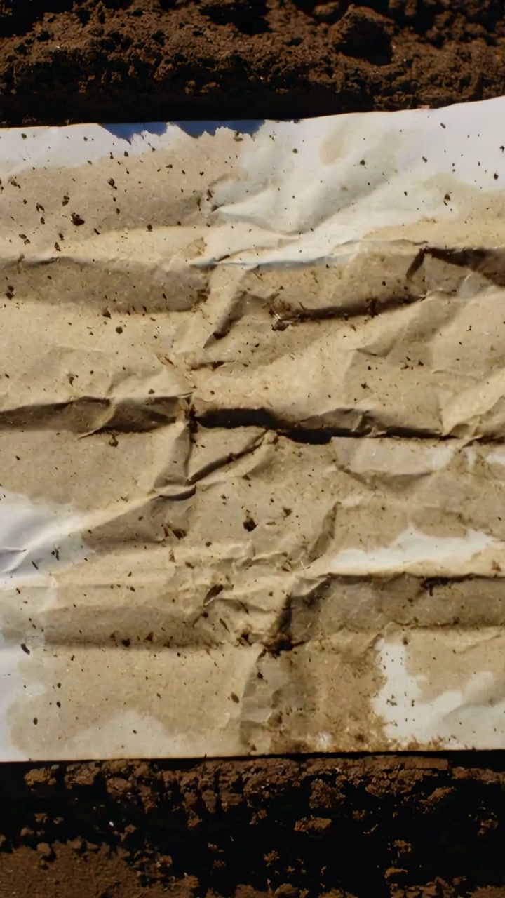 Vertical video: Falling mud clump striking white sheet of paper on bare dirt, leaving wet smear