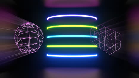 animación de formas 3d que se mueven sobre senderos de luz de neón