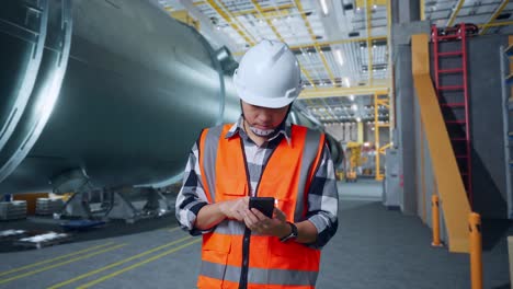 ingeniero masculino asiático con casco de seguridad usando un teléfono inteligente mientras está de pie en una fábrica de fabricación de tuberías