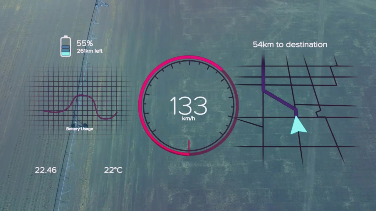 Dopo il decollo, un drone accelera da 11 km/h a 121 km/h mentre la visuale della telecamera si alza per ispezionare una fattoria.