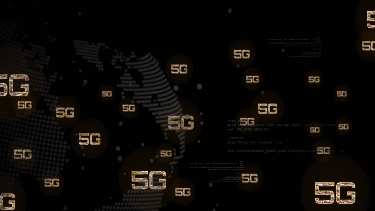 animación de 5g sobre el globo con procesamiento de datos en fondo negro