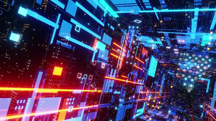 Un tunnel rotante con luci al neon brillanti che si estendono in lontananza. Animazione in loop