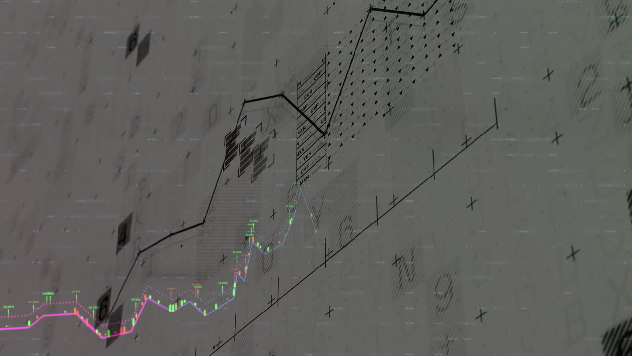 Neon candlestick bars and line graph moving across 3D financial panel with polygonal connectors