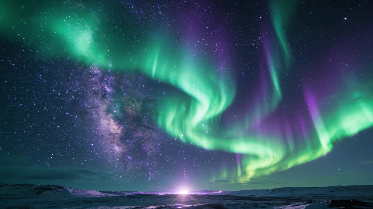 Tirai aurora yang bergelombang bergerak di atas dataran kutub yang beku, didorong oleh angin matahari, menyingkap keindahan Bima Sakti.