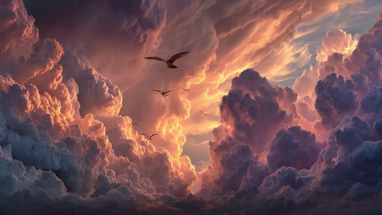 A Majestic Display of Nature's Beauty: A Vibrant Sky Full of Dynamic Clouds and Soaring Birds, Capturing the Essence of Tranquility and Freedom in an Exquisite Scene