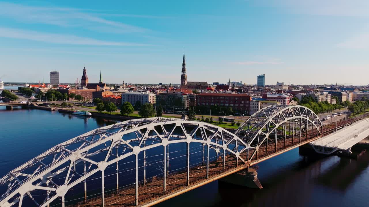 Establishing shot of Riga skyline and iconic bridge on peaceful morning
