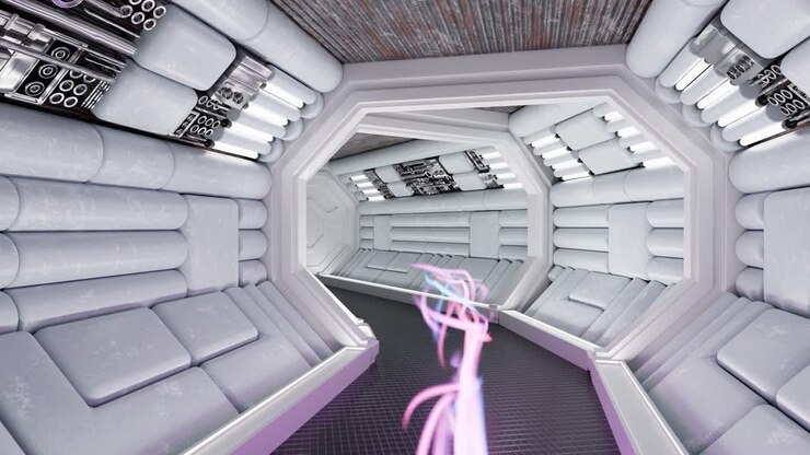 Illustrazione 3D Motion Graphics all'interno di un corridoio futuristico di un'astronave.