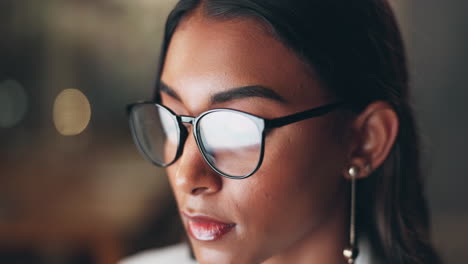 face, night and woman in office with glasses