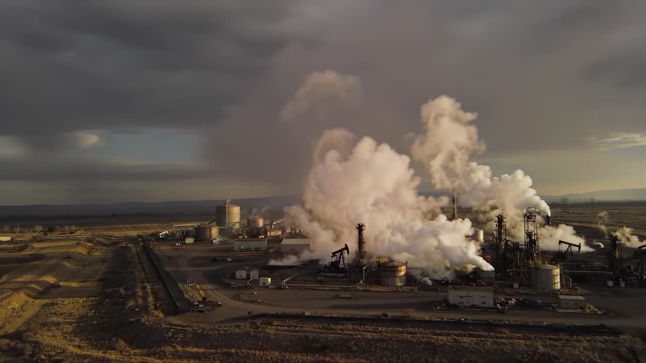 Aerial View of Industrial Facility with Steam Emissions and Machinery Under Dramatic Skies in a Remote Landscape