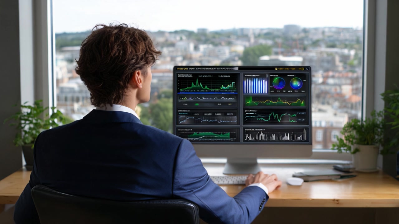 A business professional analyzes data analytics on a computer screen, showcasing graphs and statistics that inform strategic decision-making in a modern office setting.