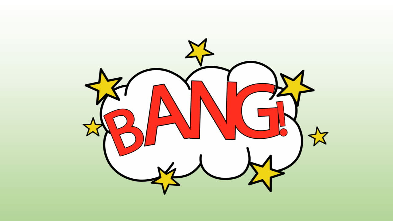 animación de banner de texto de bang sobre burbuja de habla retro contra un fondo de gradiente verde.