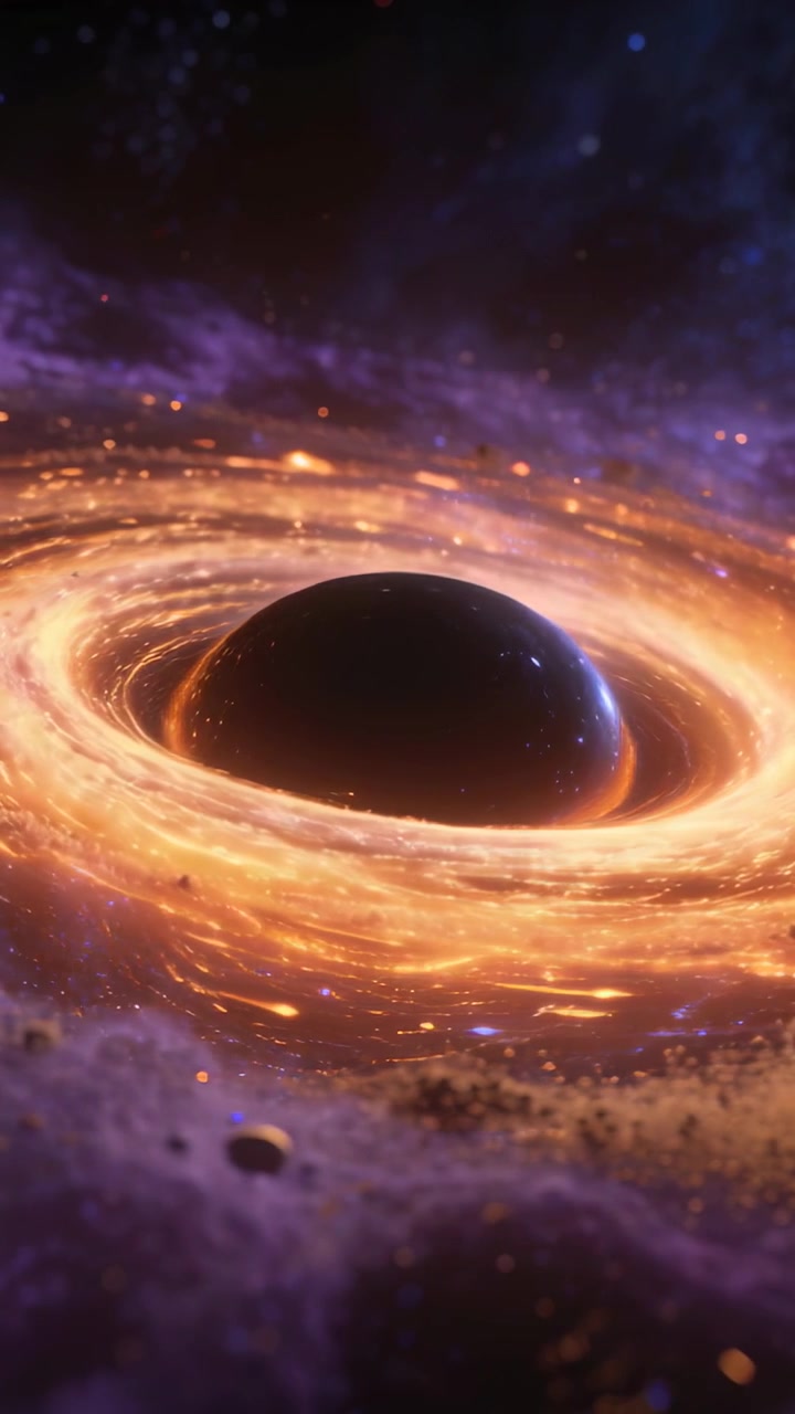 Vertical video: Gravity pulling black hole drawing accretion disk inward by nebula pebbles drifting