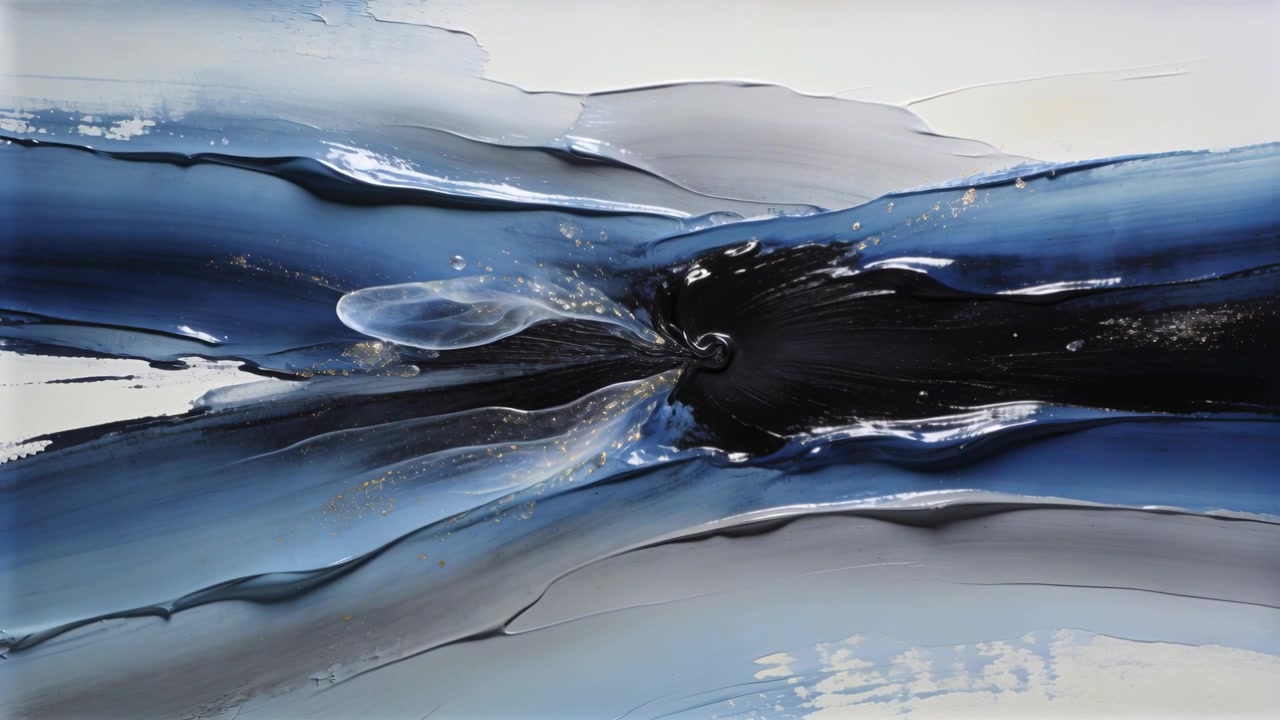 Layering abstract fluid-paint composition pulling inward on studio panel, forming central swirl