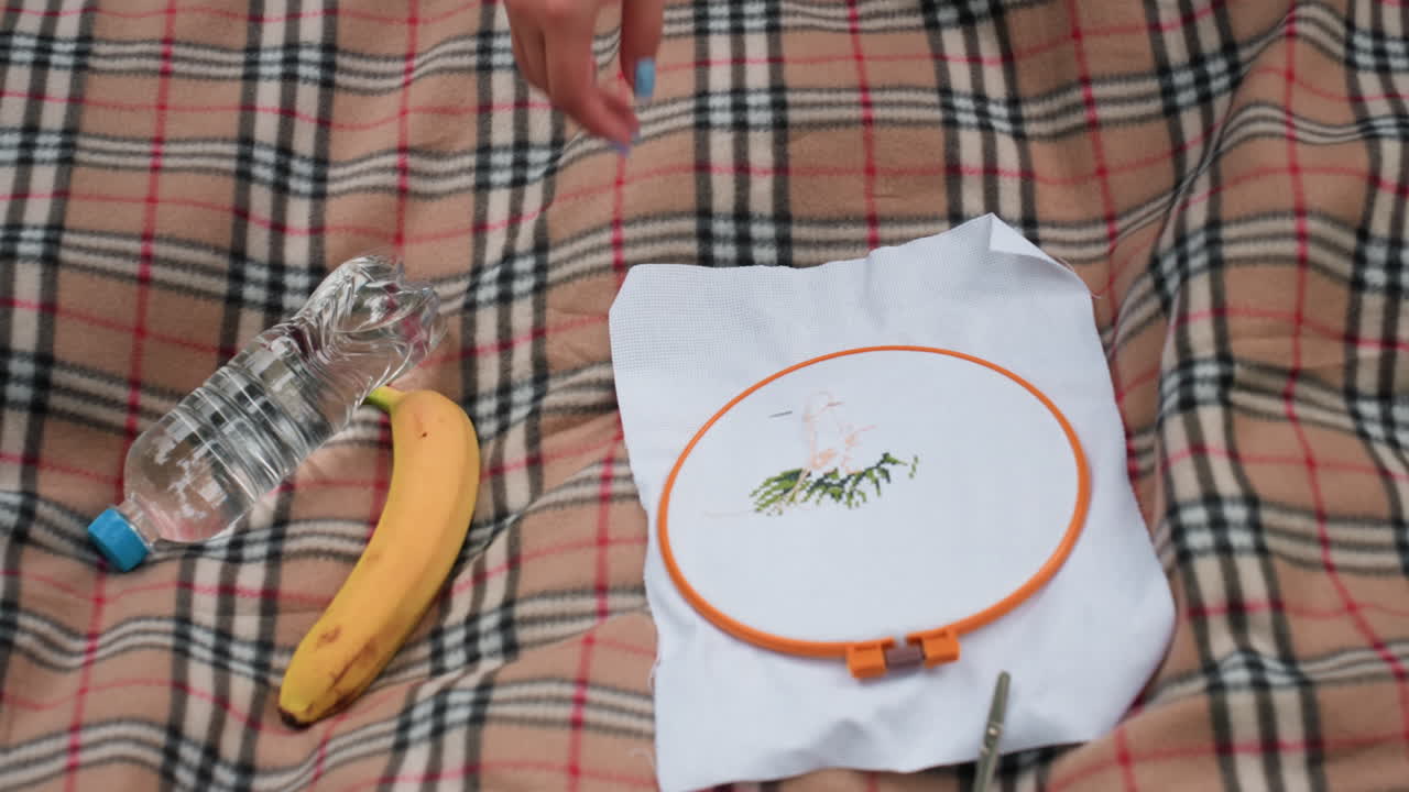 Primo piano di una mano che si allunga verso il materiale da ricamo e le forbici su una coperta decorata con una banana e una bottiglia d'acqua nelle vicinanze, che mostra un'ambientazione creativa rilassata all'aperto