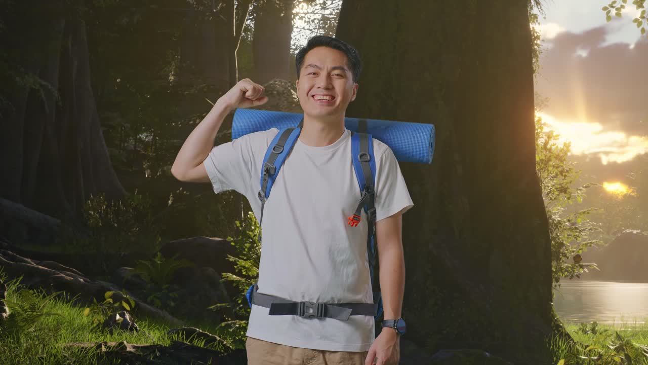 산악 배을 들고 있는 아시아 남성 하이커가 숲의 자연을 탐험하면서 미소 짓고 팔꿈치를 구부린다